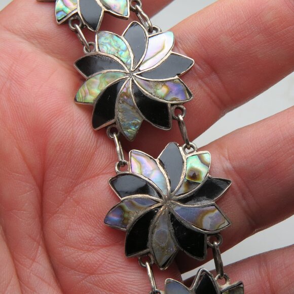 *925 Sterling Silver Onyx & Shells Bracelet Vintage - Picture 1 of 4